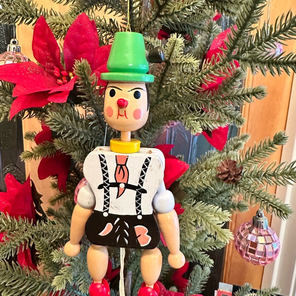 Vintage Hand Painted Wooden Pull String Puppet Toy Christmas Ornament